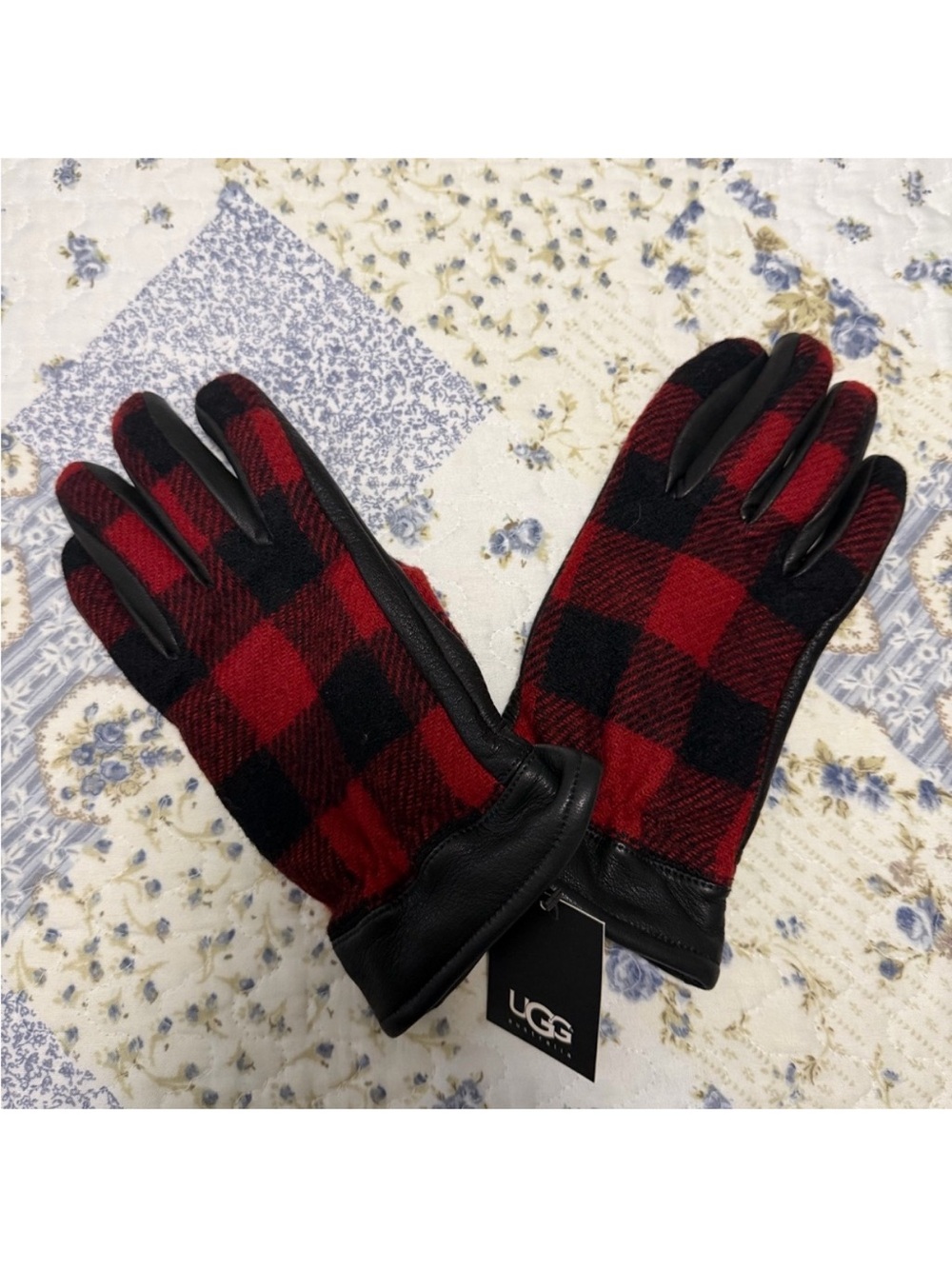 New!  UGG Men's Red & Black Plaid Leather-Trim Gloves
